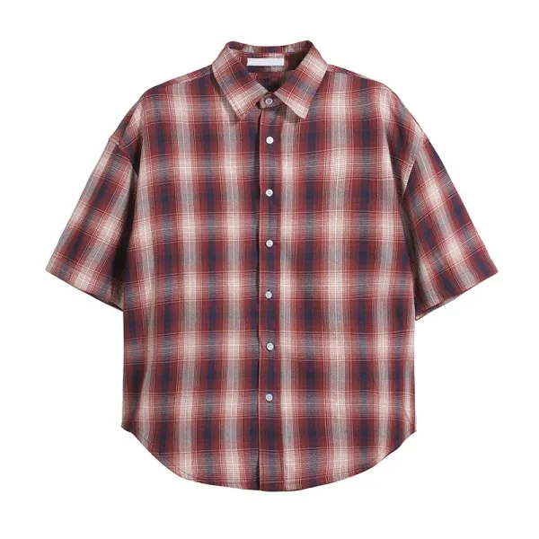 Design Oversized Short-Sleeve Plaid Shirt in Red and Navy - 4