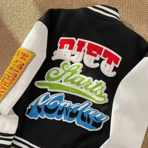 Diet Prada x Unknown Brand Varsity Jacket Black and White with Embroidered Patches - 8