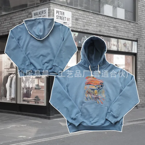 Design Streetwear Hoodie with Embroidered Abstract Art Print in Dusty Blue - 1