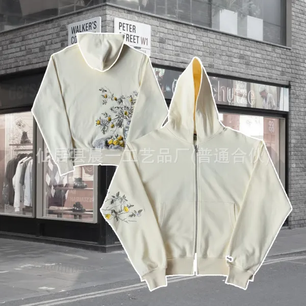 Design Floral Embroidered Cream Zip-Up Hoodie - 1