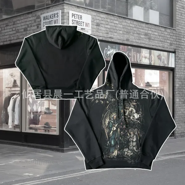 Design Gothic Religious Print Black Hoodie - 1