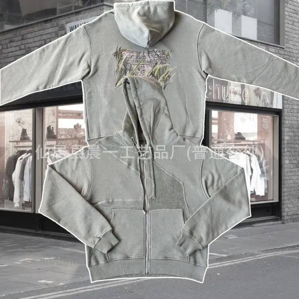 Design Patchwork Embroidered Hoodie in Sage Gray - 1