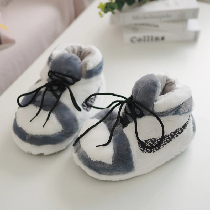 Design Plush High-Top Slippers White Gray Fuzzy Sneaker-Style Slippers - 1