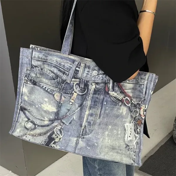 Denim Print Tote Bag with Hardware Accents Blue Tote Bag - 8