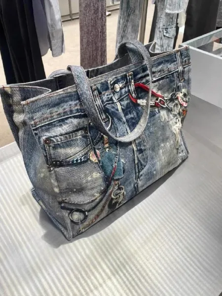 Denim Print Tote Bag with Hardware Accents Blue Tote Bag - 3