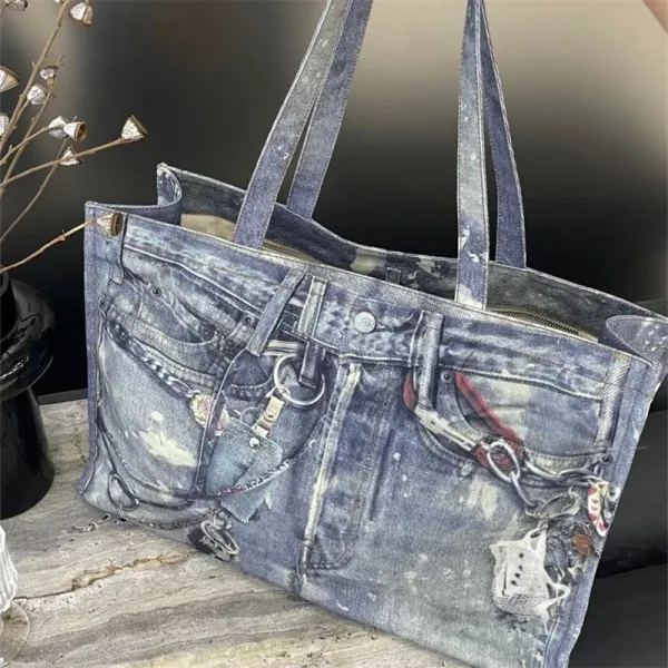 Denim Print Tote Bag with Hardware Accents Blue Tote Bag - 11