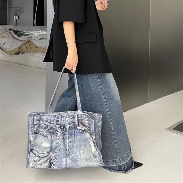 Denim Print Tote Bag with Hardware Accents Blue Tote Bag - 7