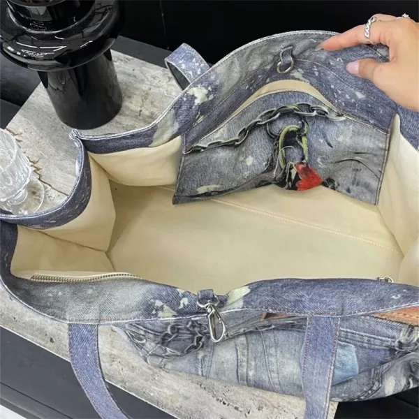 Denim Print Tote Bag with Hardware Accents Blue Tote Bag - 9