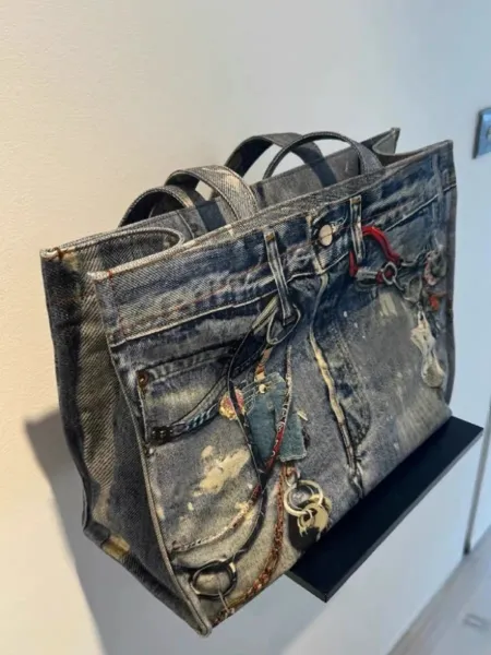 Denim Print Tote Bag with Hardware Accents Blue Tote Bag - 4