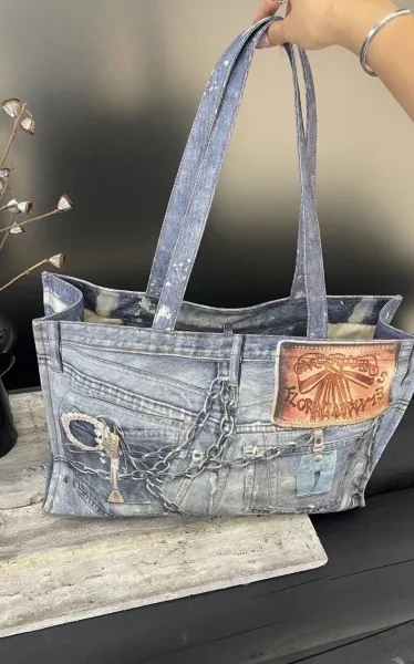 Denim Print Tote Bag with Hardware Accents Blue Tote Bag - 12