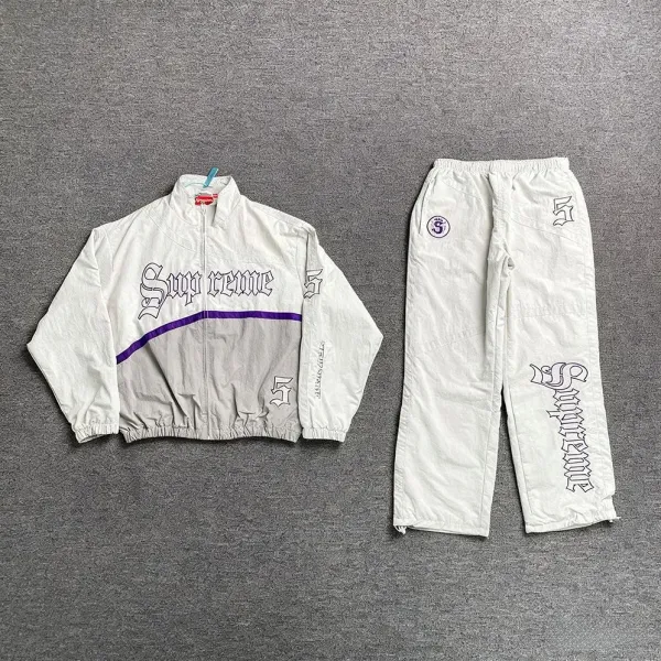 Supreme Gothic Script Windbreaker and Pants Set White/Purple Tracksuit - 1