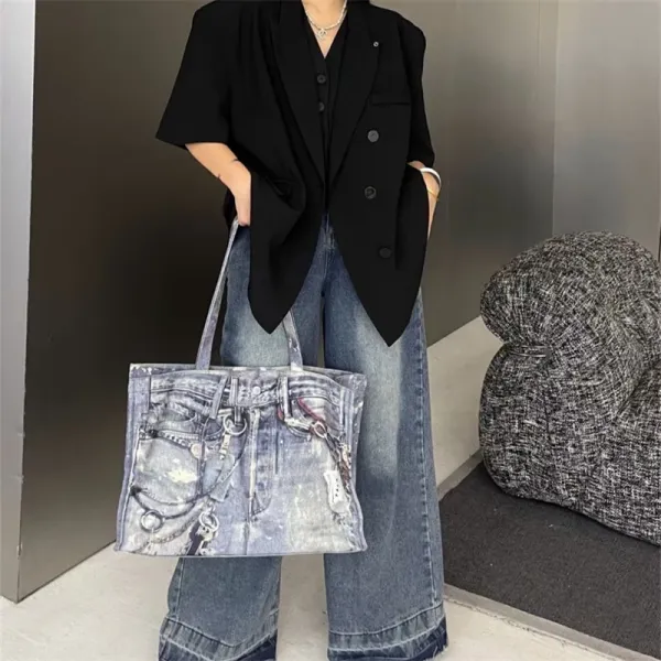 Denim Print Tote Bag with Hardware Accents Blue Tote Bag - 10