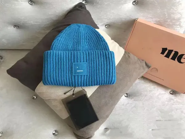 Acne Studios Blue Ribbed Beanie with Smiley Patch - 1