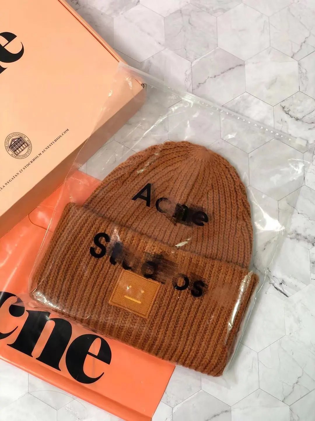 Acne Studios Smiley Face Beanie Beige Knit Hat - 3