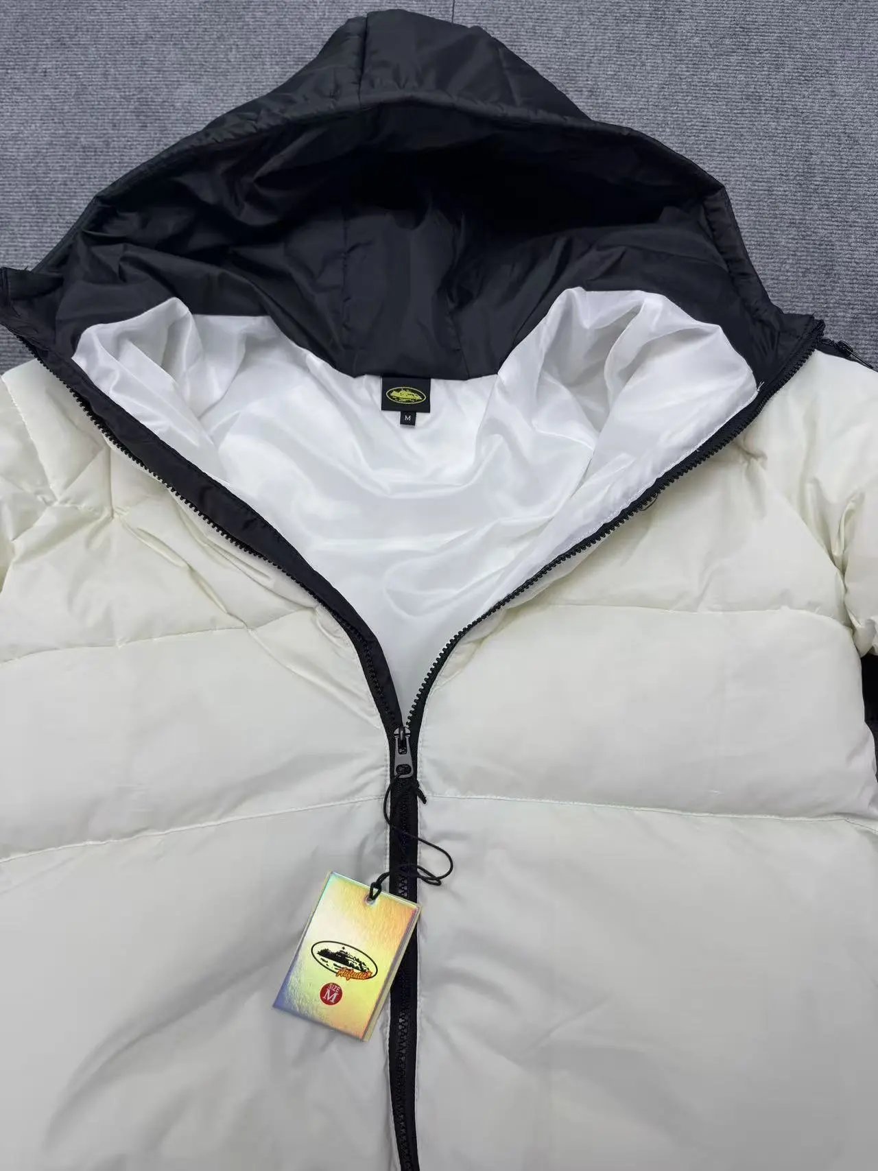 AMI Paris Oversized Puffer Jacket Off-White with Black Hood and Sleeve Panel Down Jacket - 13