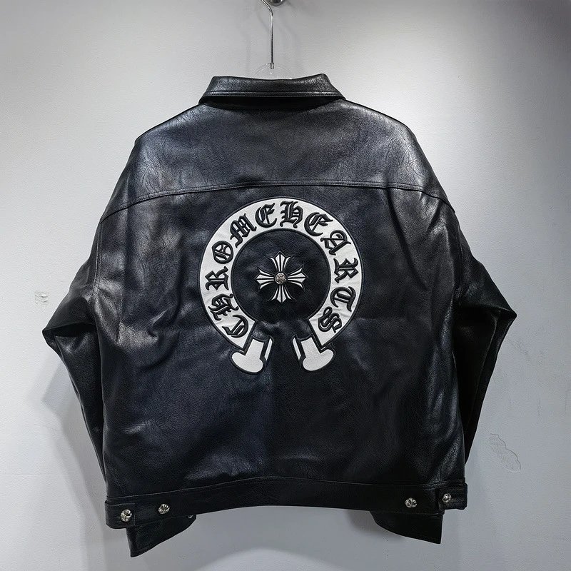 Sanskrit Horseshoe Embroidered Patchwork Leather Collar Jacket