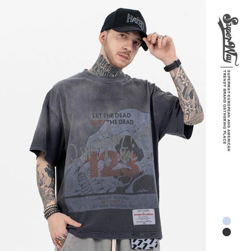 Heavy-duty Gradient Color-block Short-sleeved T-shirt