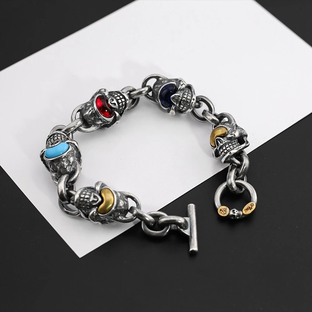 Colorful Zircon T-shaped Clasp Titanium Silver Bracelet