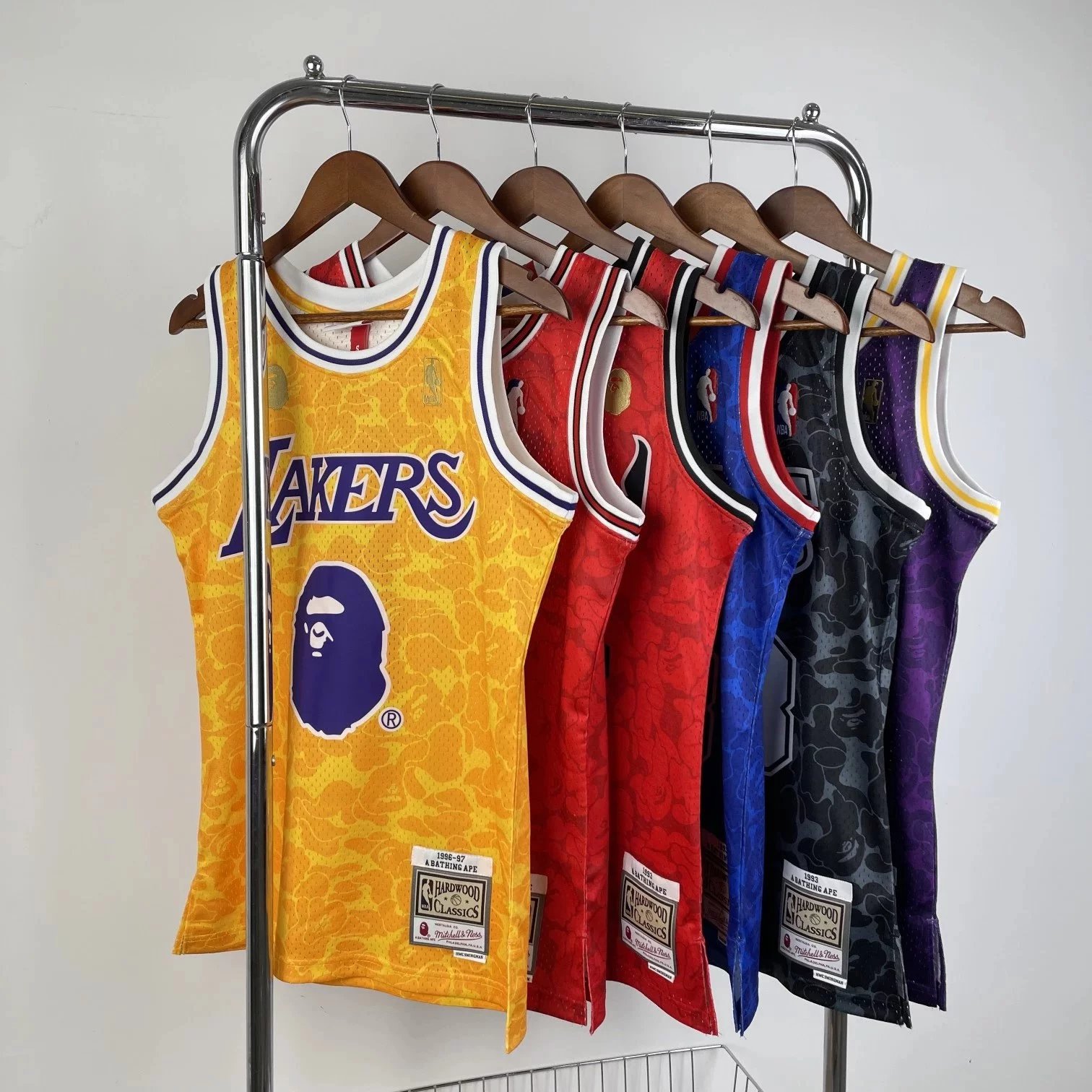 NBA x BAPE x M&N Three party Joint Embroidered Hot pressed Jersey Ape Head Men's and Women's Camo Synchronized Light Square Data 1.1 Fug 250g Heavy Fabric
