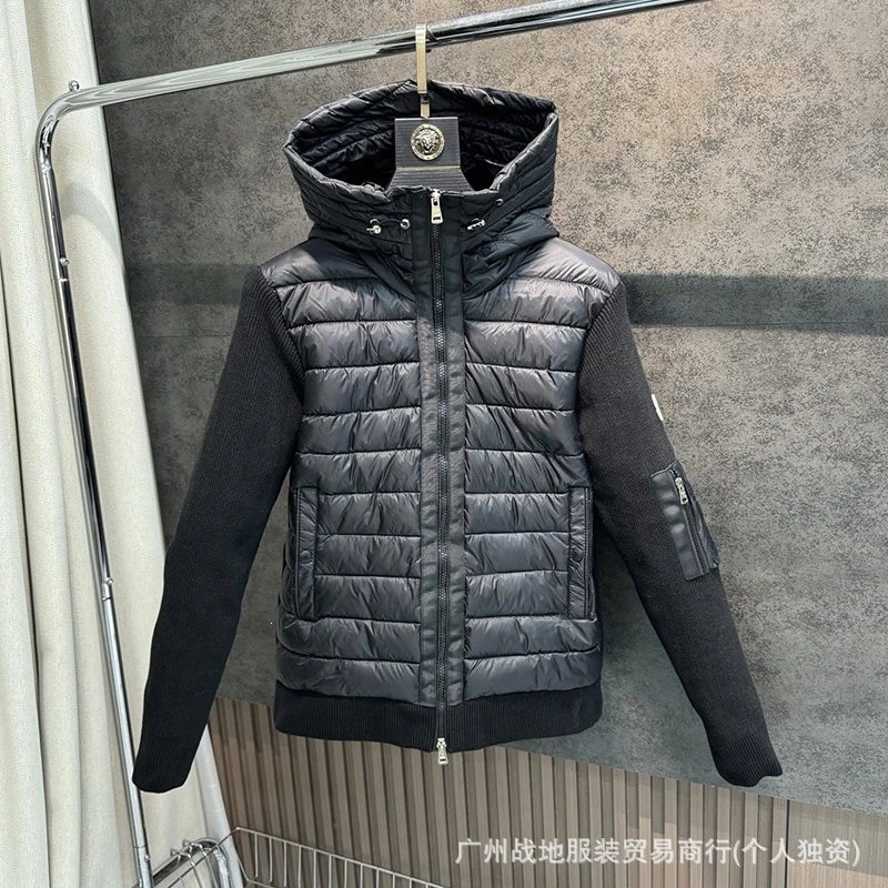 Stand up collar hooded knitted 90 down jacket, black