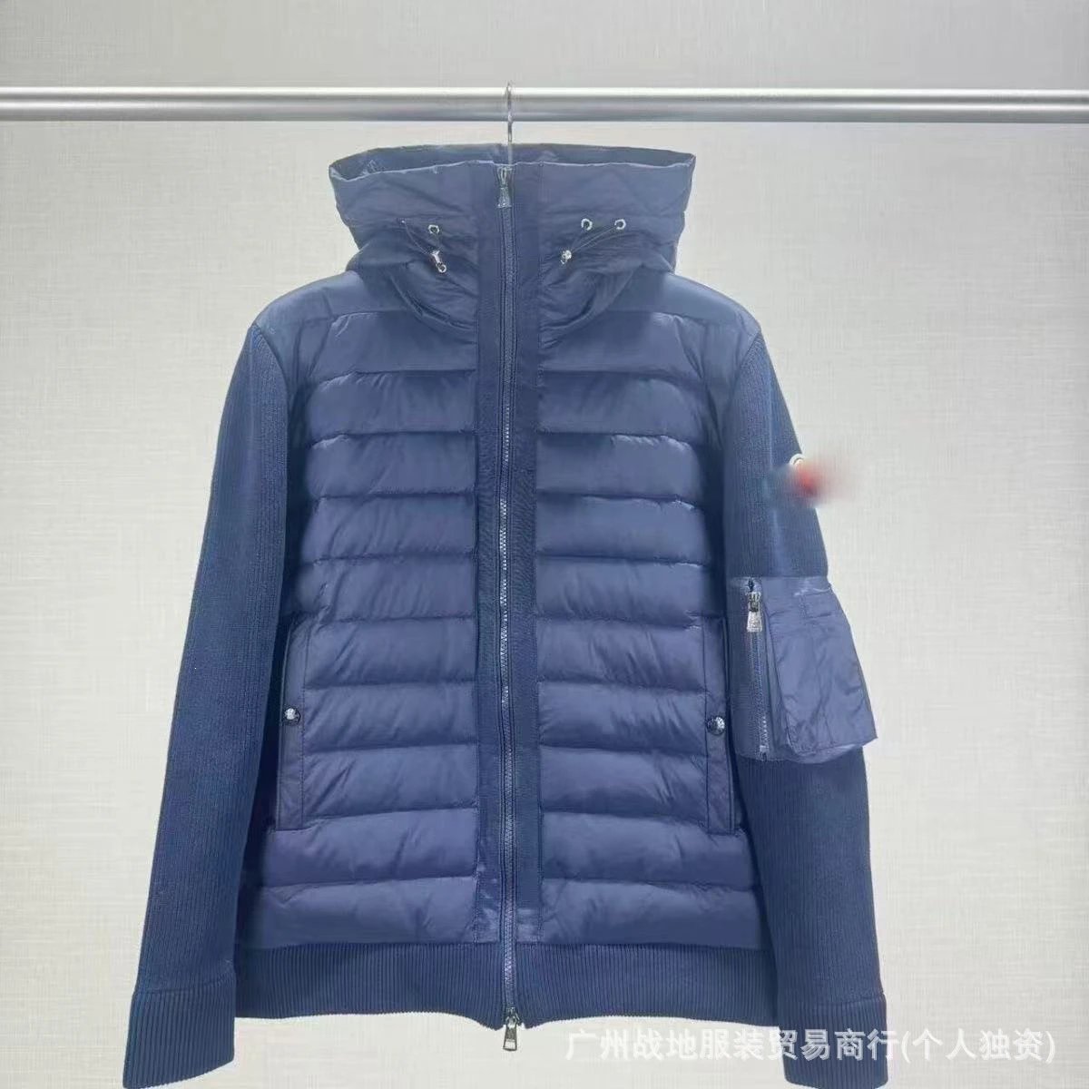 Stand up collar hooded knitted 90 down jacket navy blue