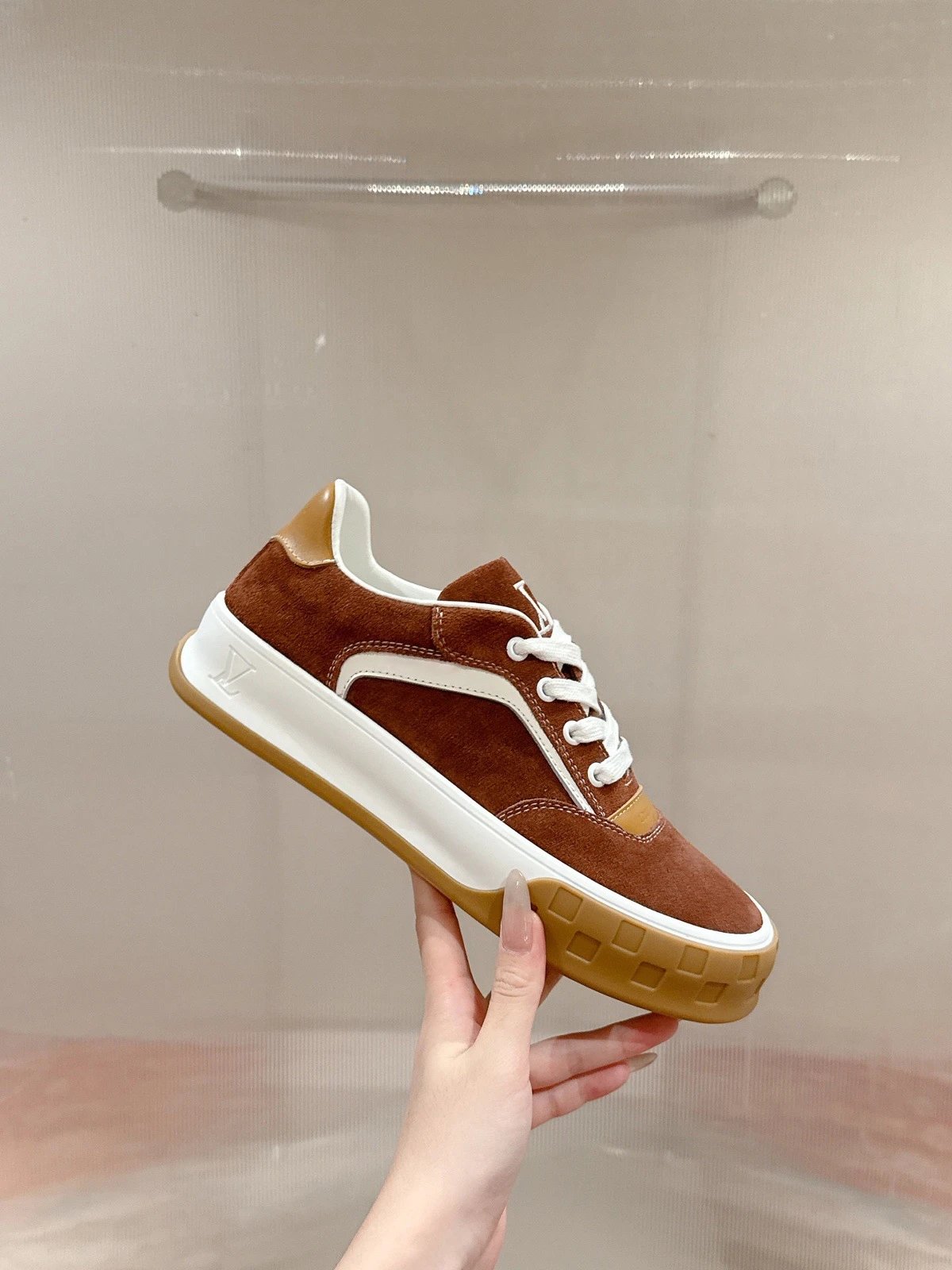 Louis Vuitton Sneakers Low-top lace-up suede with LV monogram details and gum sole — Brown