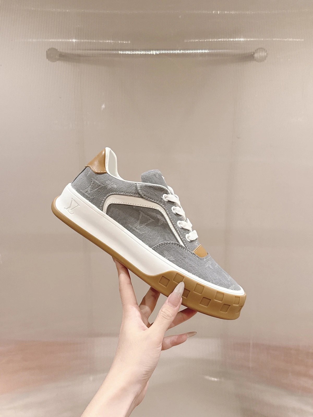 Louis Vuitton Sneakers Low-top lace-up suede with LV monogram details and gum sole — Gray denim