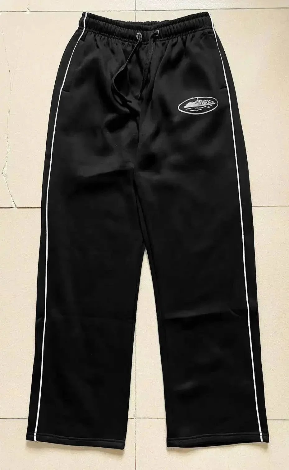 Design Track Pants Black with White Stripe Sweatpants - 1