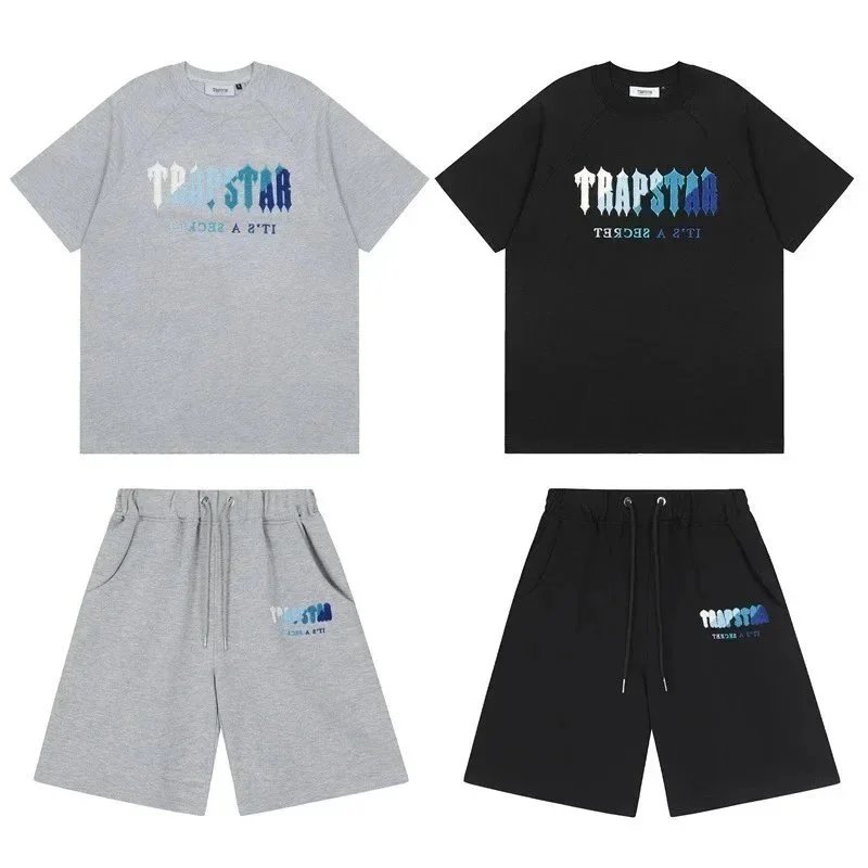 Summer gradient letters white and blue towel embroidered short-sleeved T-shirt shorts men’s couple casual suit