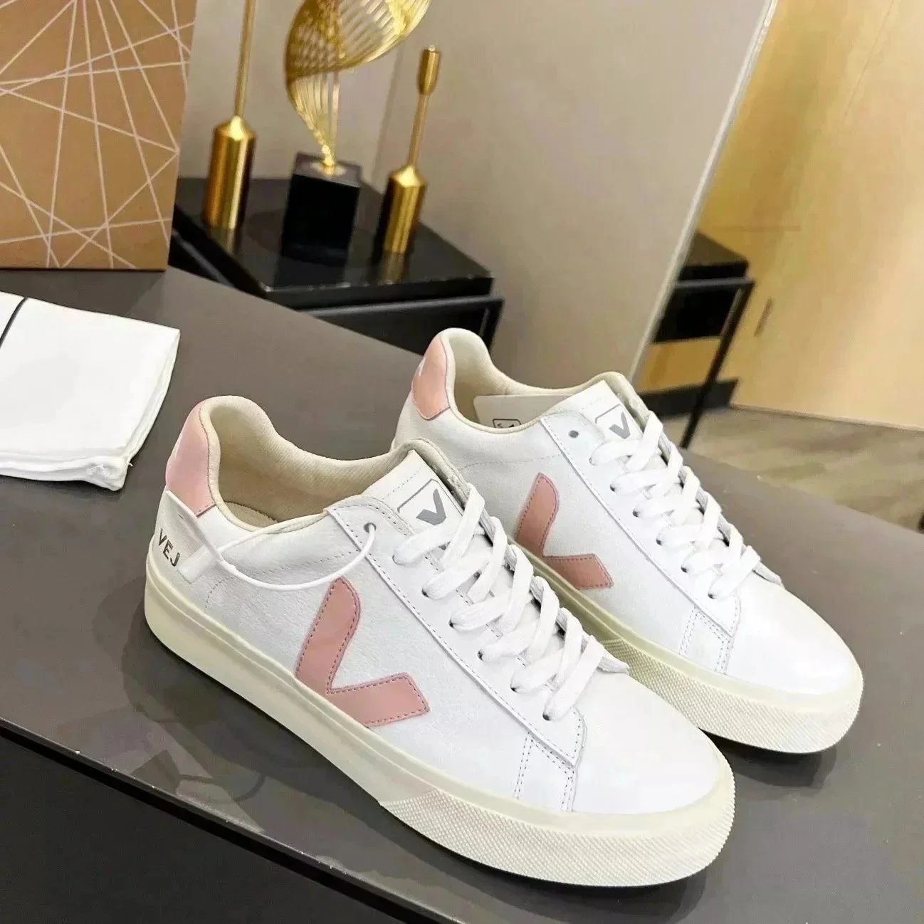 V-shaped genuine lea