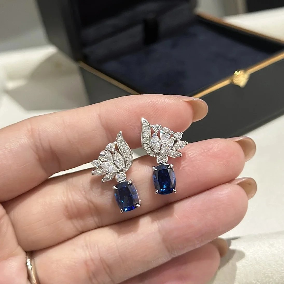 Sapphire And Diamond Leaf Design Blue Earrings