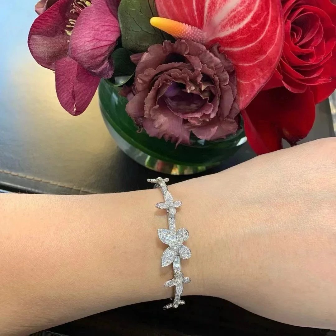 Silver Butterfly Pave Crystal Floral Bracelet