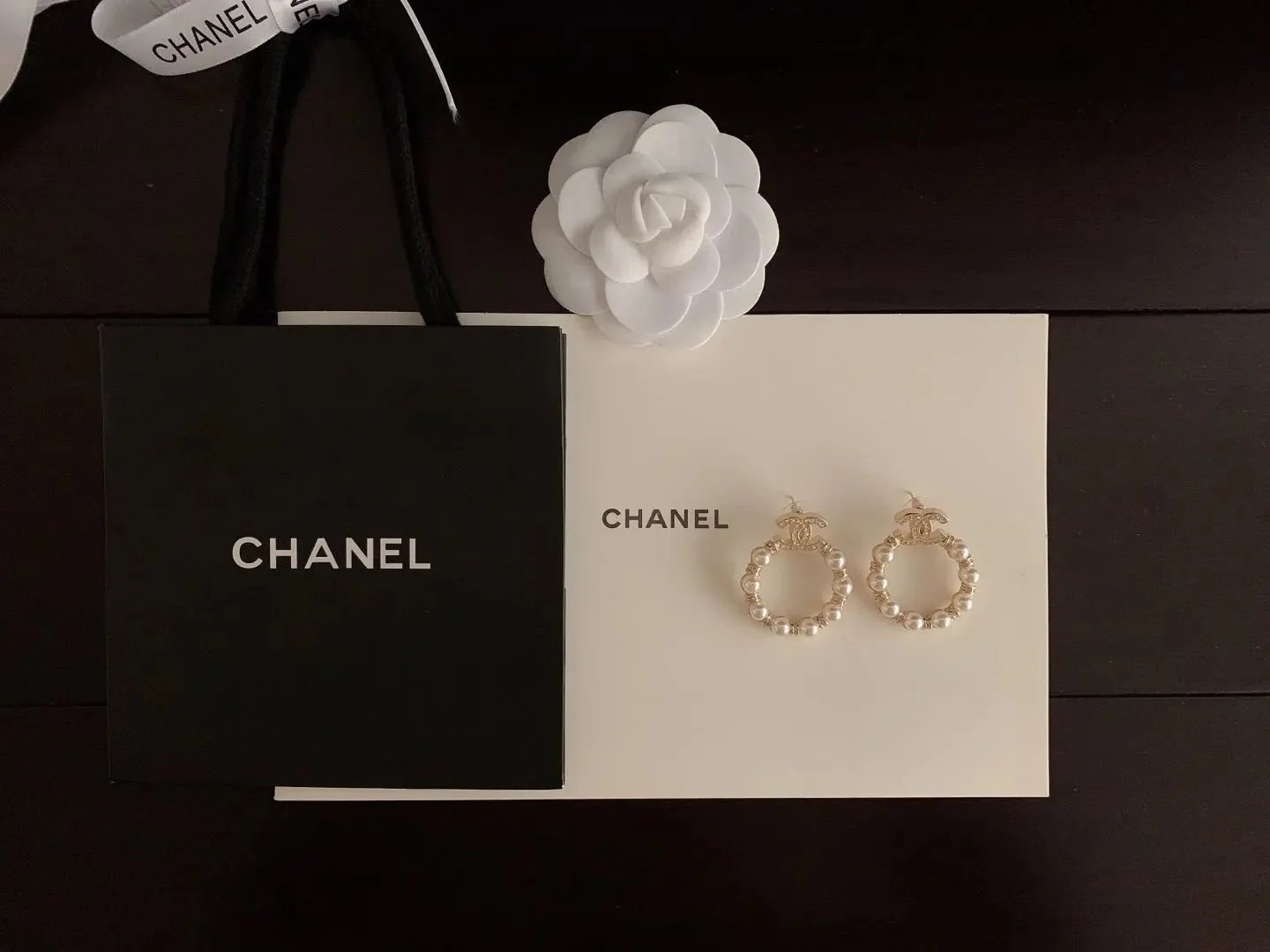Chanel CC Logo Pearl Crystal Hoop Earrings