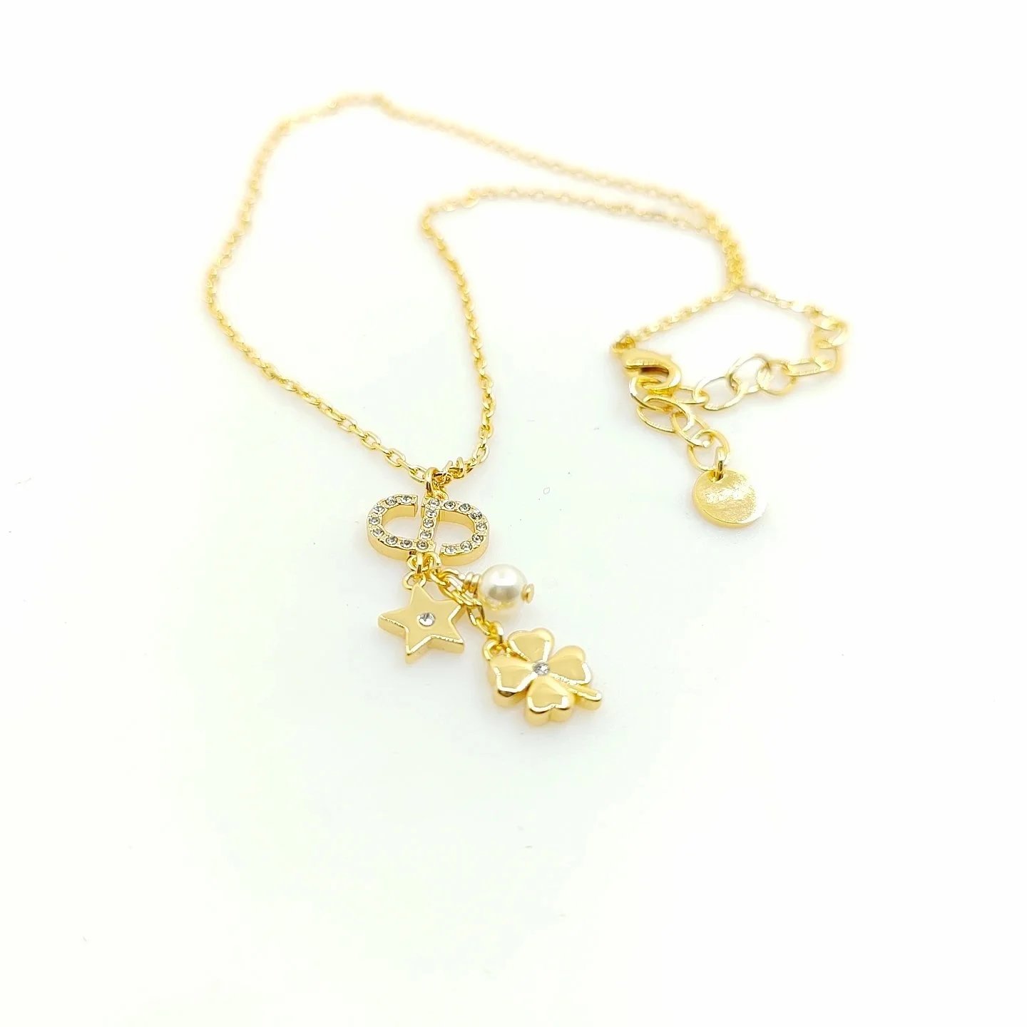 Dior CD Logo Gold Tone Pendant Necklace With Pearl Star And Clover Charm
