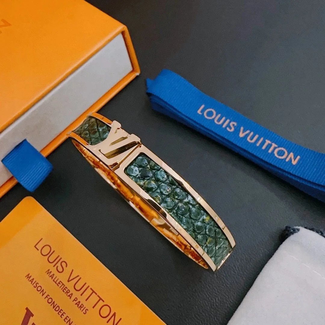 Louis Vuitton Bangle Green Python Leather Gold Tone Cuff
