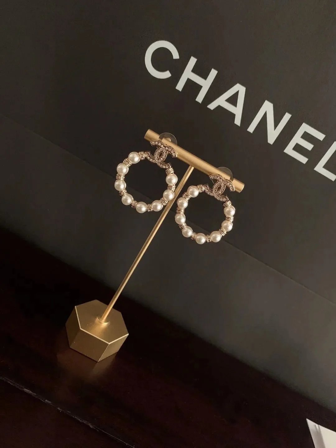Chanel CC Logo Pearl Crystal Hoop Earrings