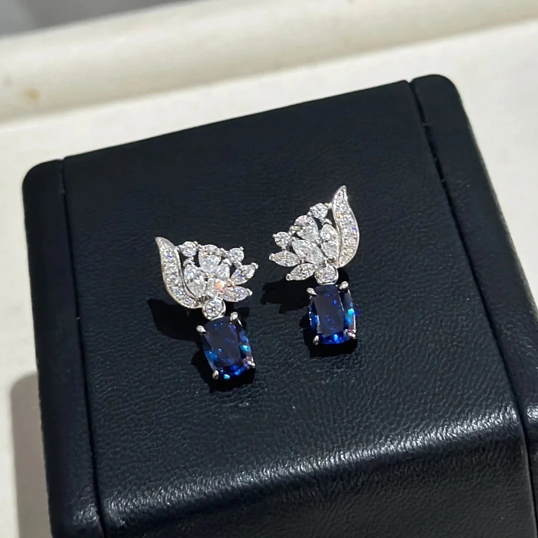 Sapphire And Diamond Leaf Design Blue Earrings