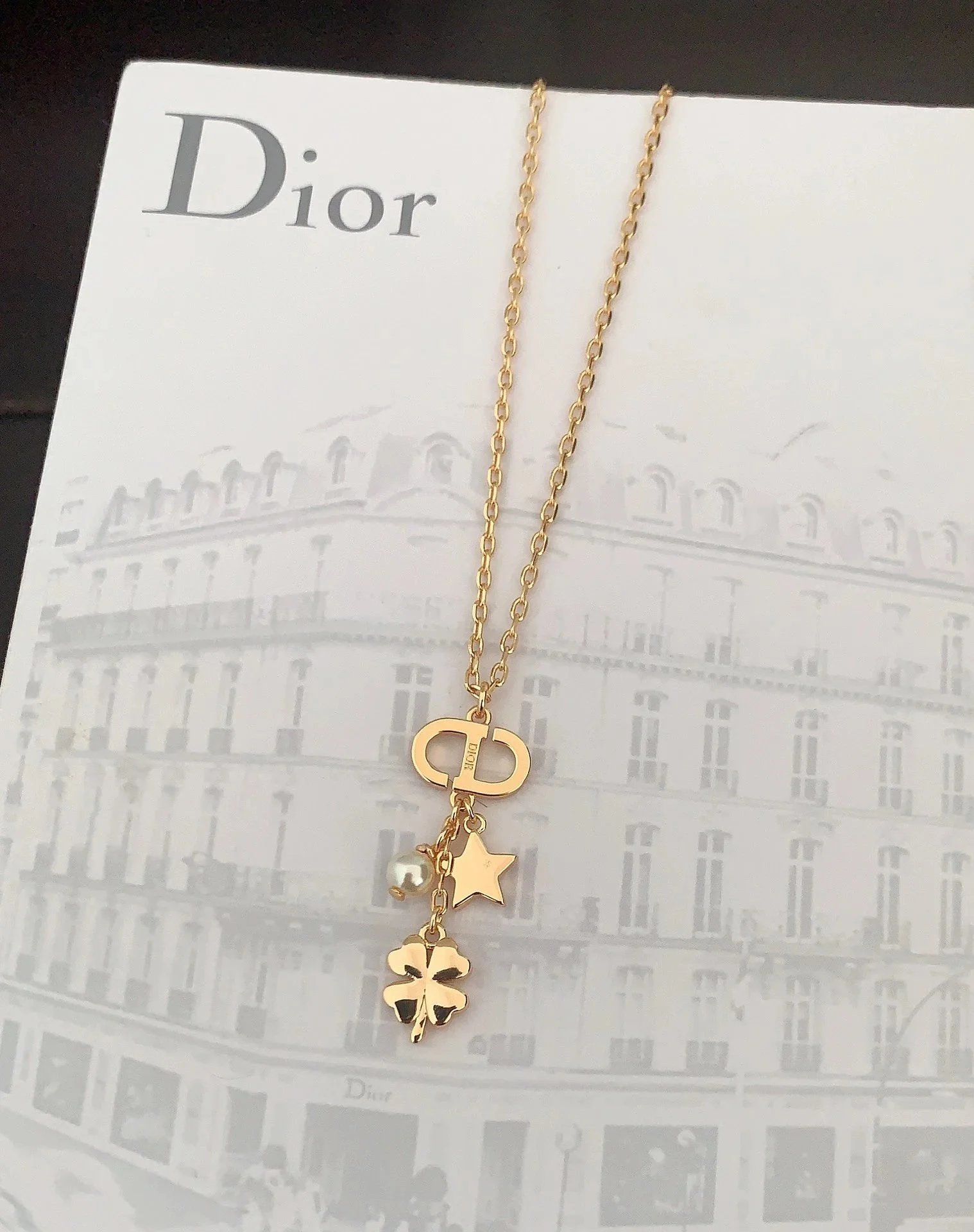 Dior CD Logo Gold Tone Pendant Necklace With Pearl Star And Clover Charm