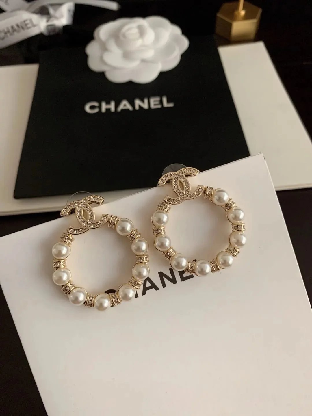 Chanel CC Logo Pearl Crystal Hoop Earrings