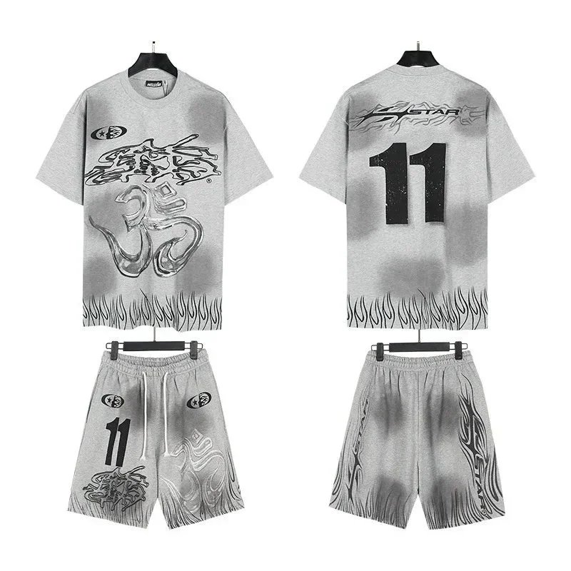 Hellstar Graphic Print Black Gray Blue Streetwear T-Shirt And Shorts Set