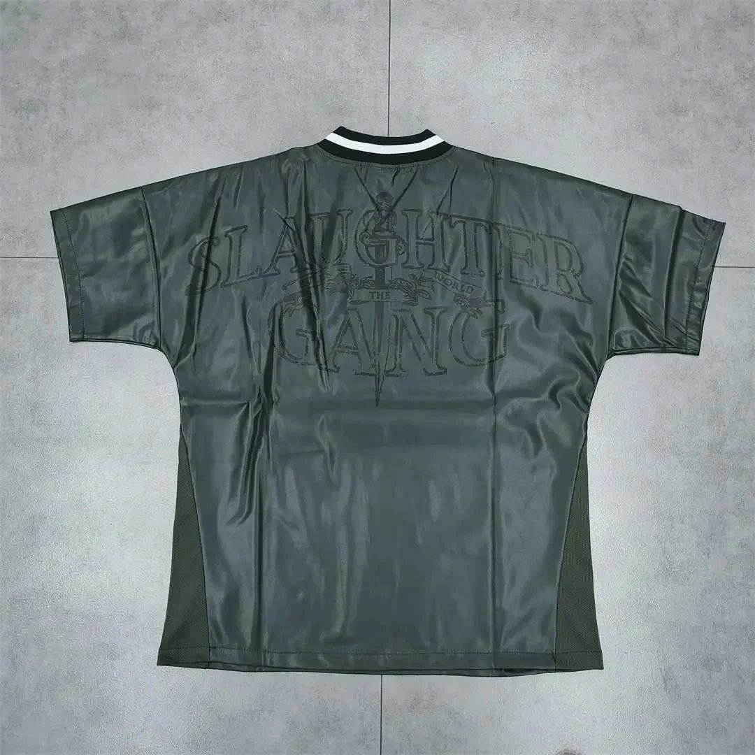 Slaughter Gang Graphic Print Leather Look V-Neck T-Shirt