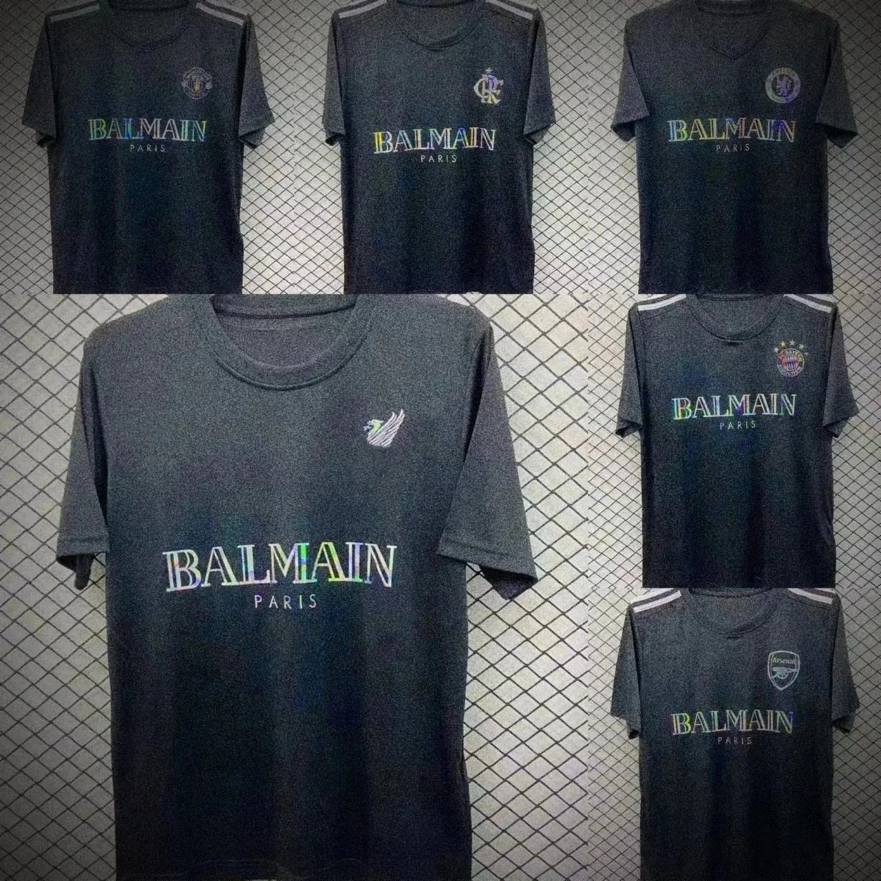 Balmain Paris Dark Gray Holographic Logo T-Shirt