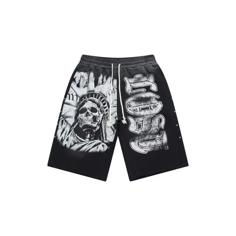 Black Graphic Print Skull Statue Of Liberty Drawstring Shorts
