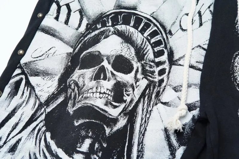 Black Graphic Print Skull Statue Of Liberty Drawstring Shorts