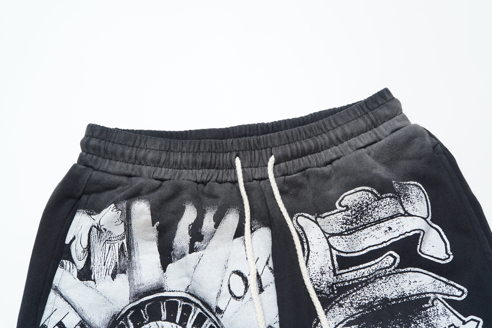 Black Graphic Print Skull Statue Of Liberty Drawstring Shorts