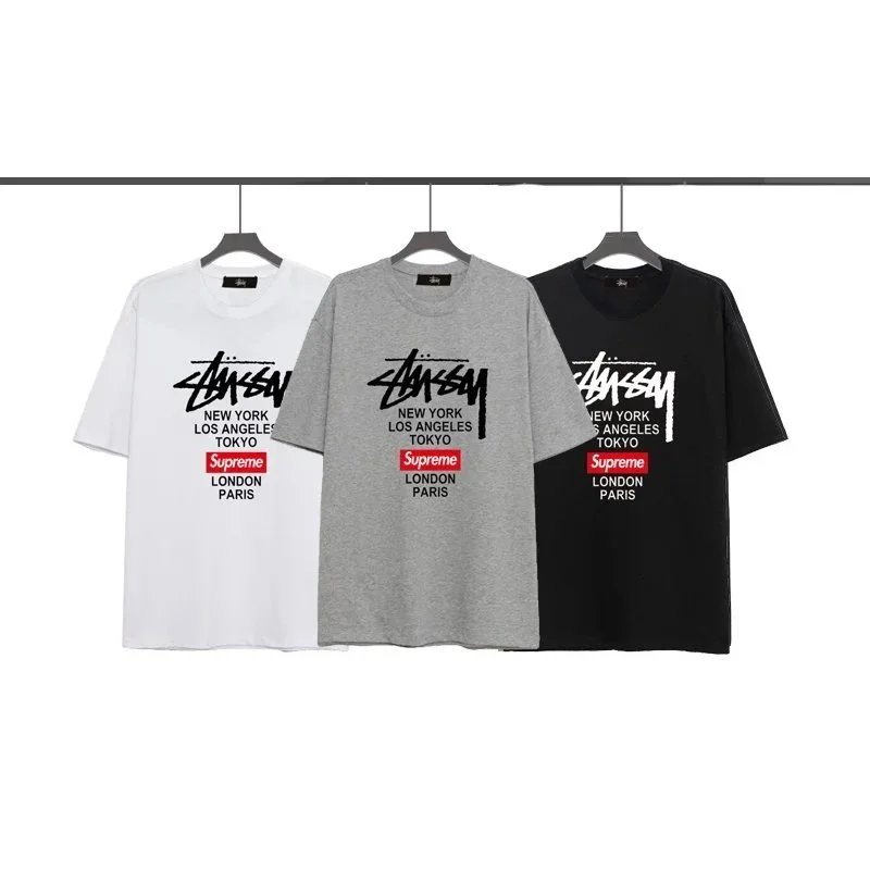 Stussy Supreme Collaboration White Gray Black Graphic T-Shirt