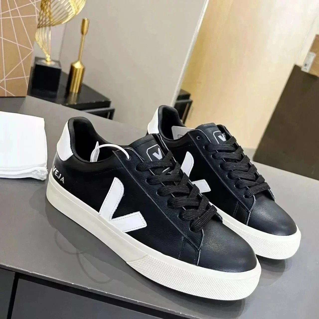 V-shaped genuine lea