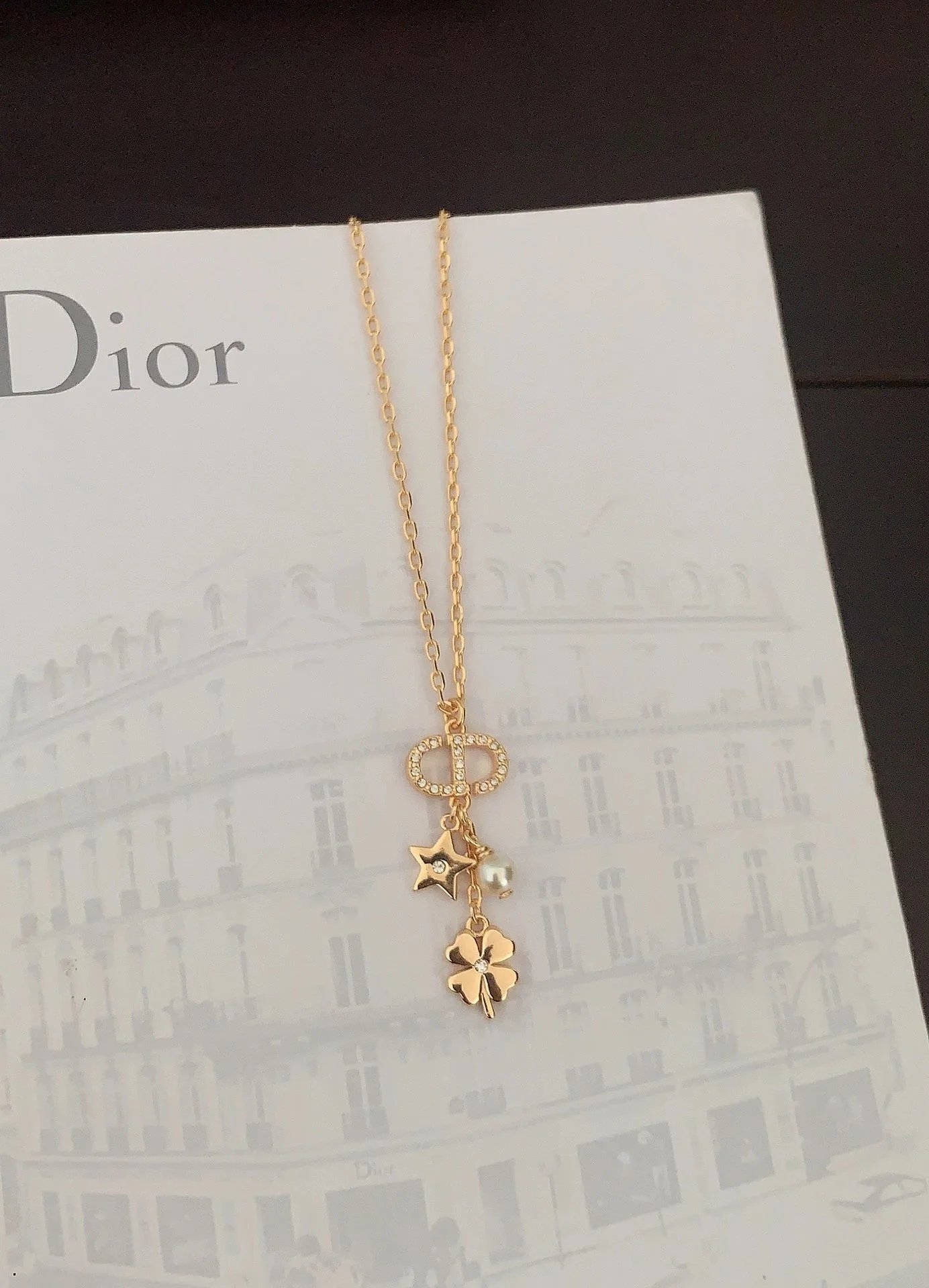 Dior CD Logo Gold Tone Pendant Necklace With Pearl Star And Clover Charm