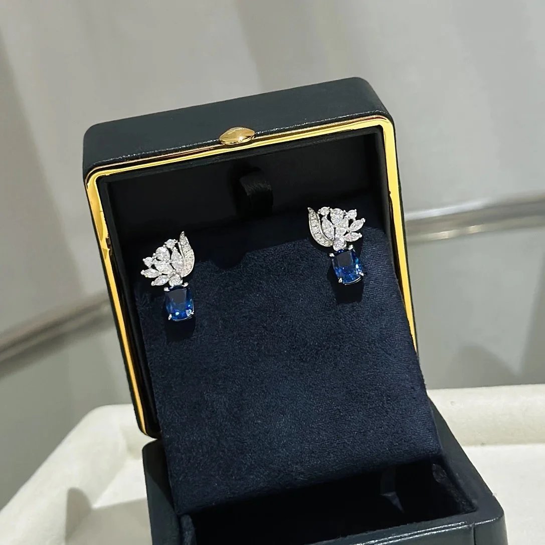 Sapphire And Diamond Leaf Design Blue Earrings