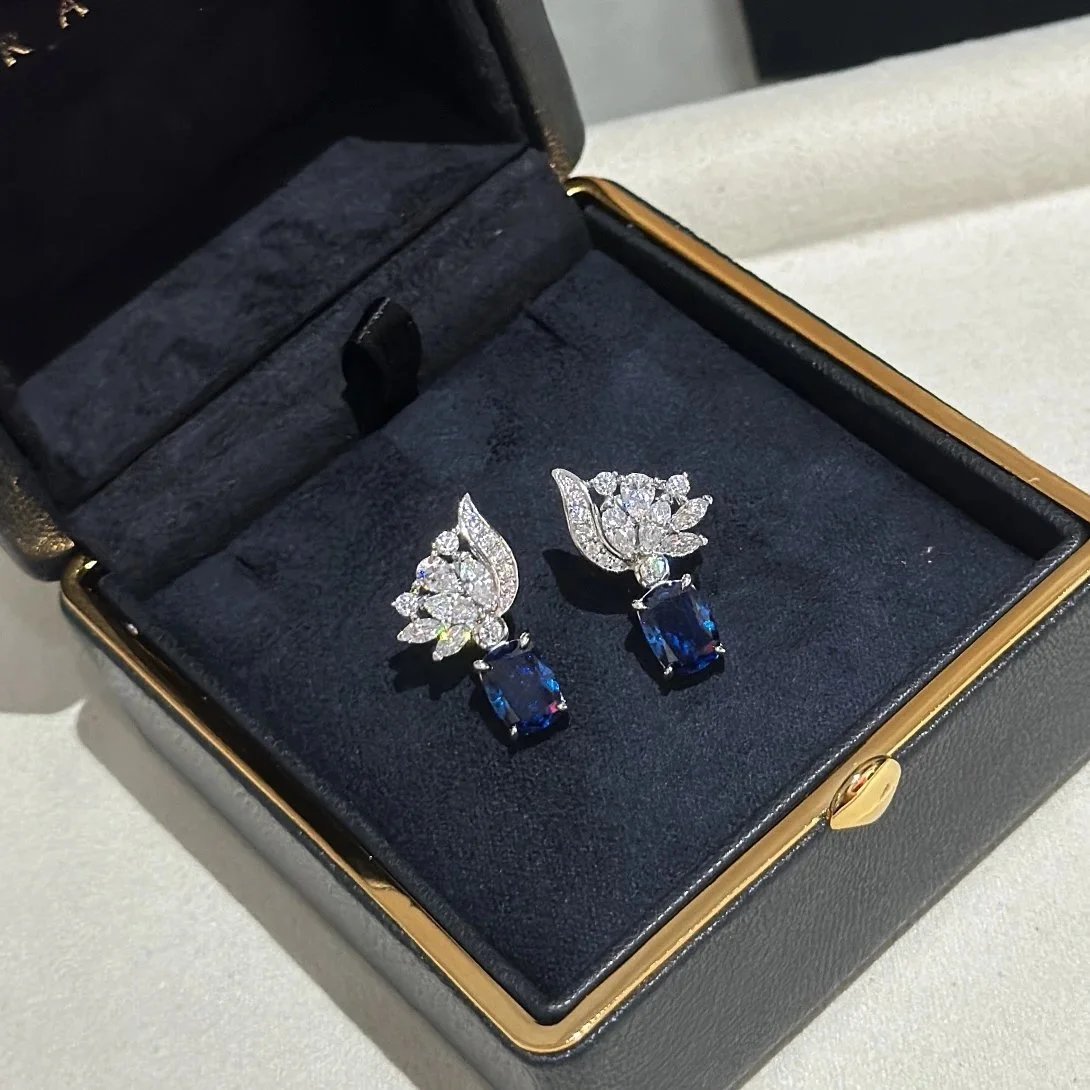 Sapphire And Diamond Leaf Design Blue Earrings